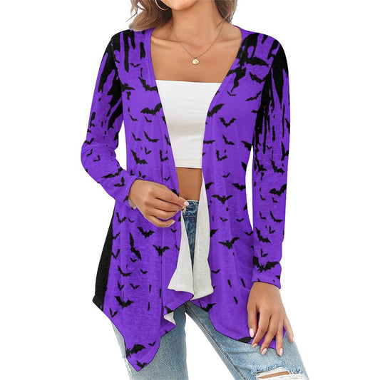 Cloud of Bats in Purple Drop Shoulder Women's Open Shirt with Irregular Hem NZ050 (All-Over Printing)