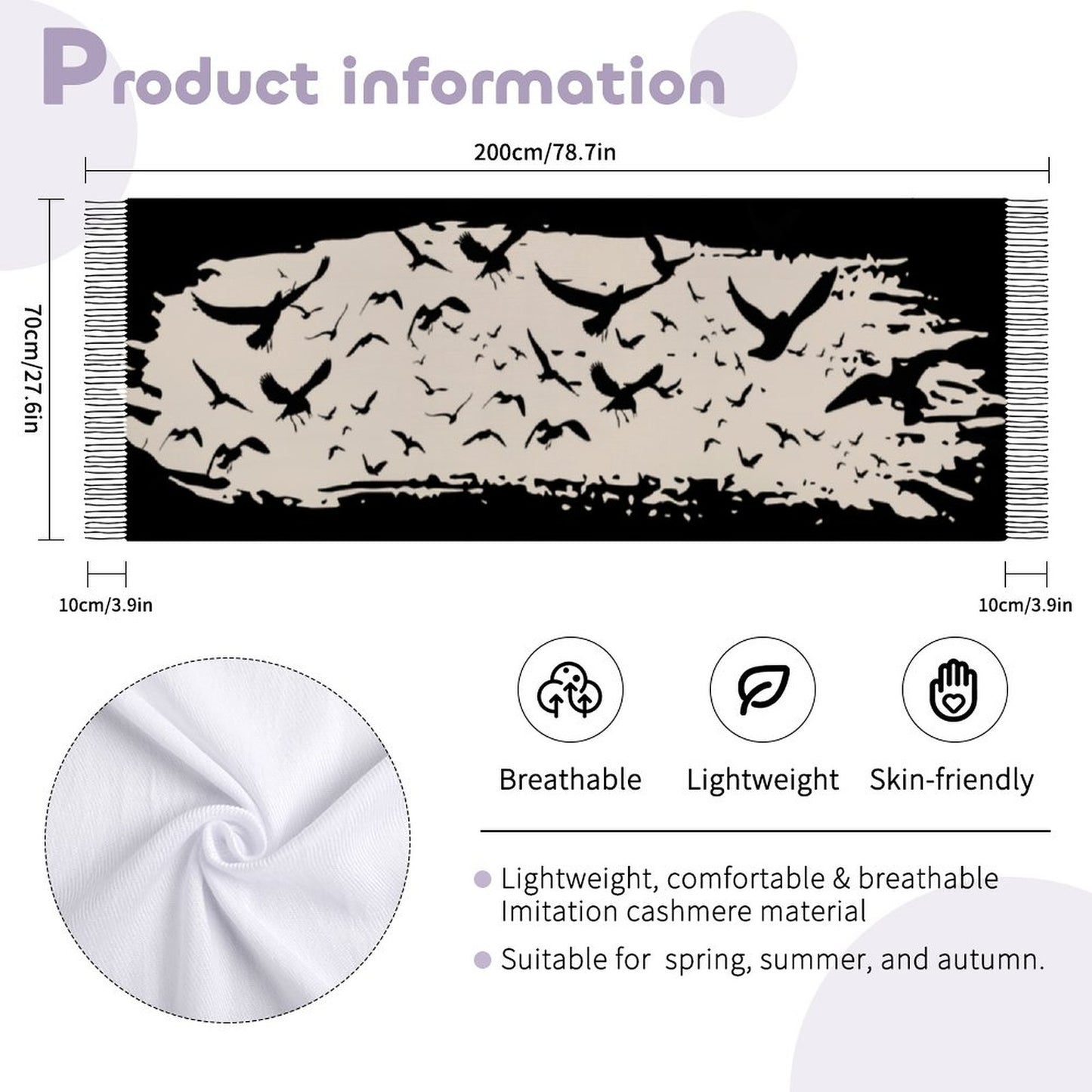 Murder of Crows Cream Tassel Scarf (All-Over Printing)