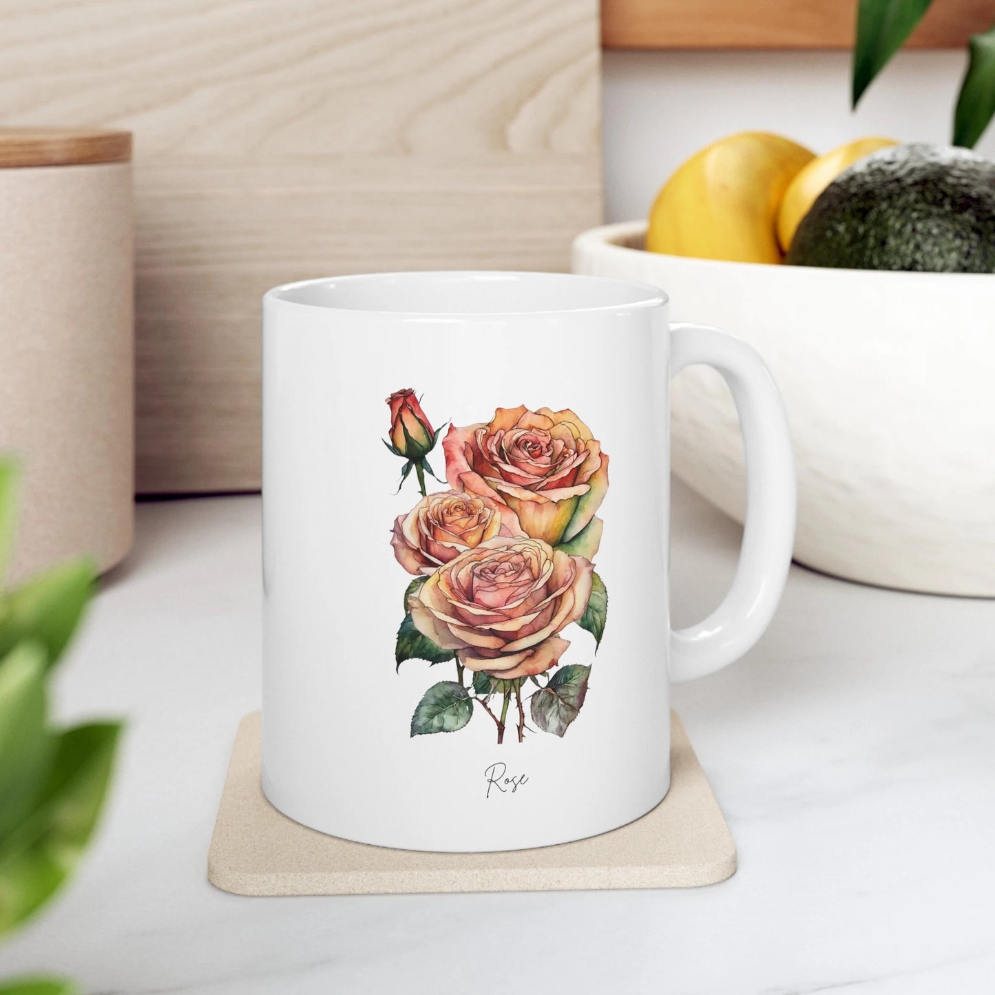 Rose Birthflower Ceramic Mug, 11oz flower mug, Boho White Mug - The Witchy Gypsy