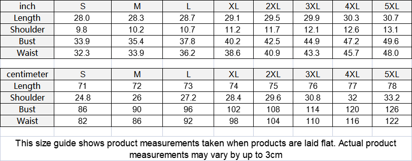 Measurement chart for clothing sizes S to 5XL with inch and centimeter measurements.