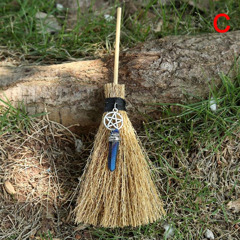 Wiccan Celtic Pentagram Mini Witch Broom, Dust Removal Broom Wicca, Raw Crystal Wicca Altar Broom