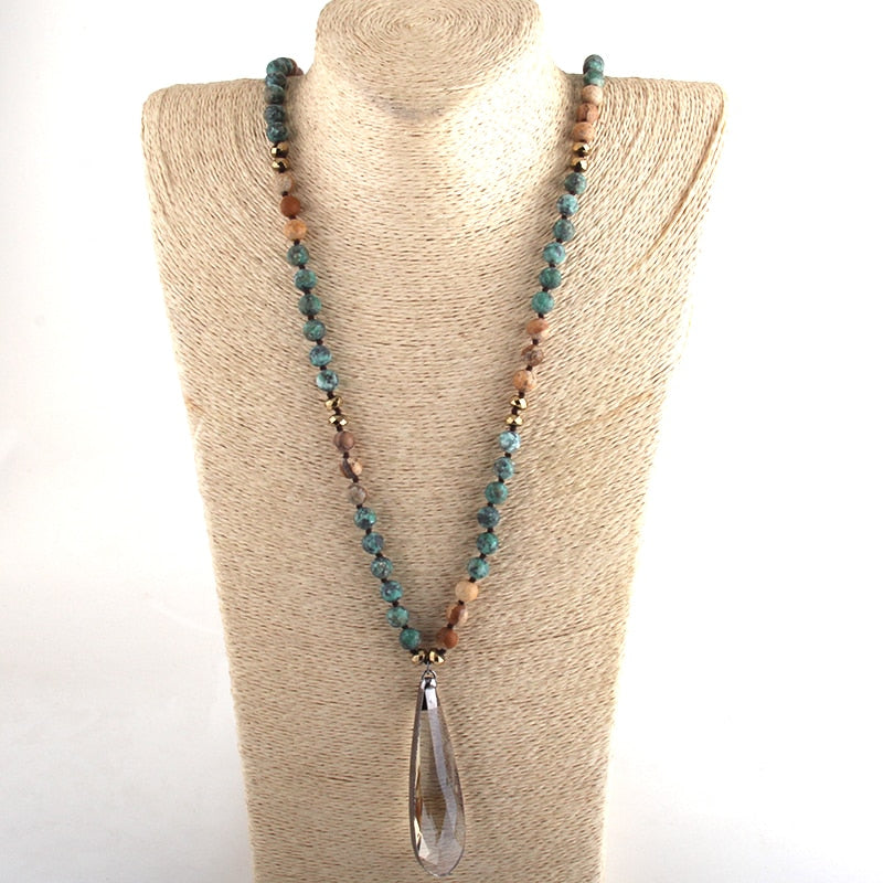 Bohemian Stone Knotted Long Glass Drop Pendant - The Witchy Gypsy