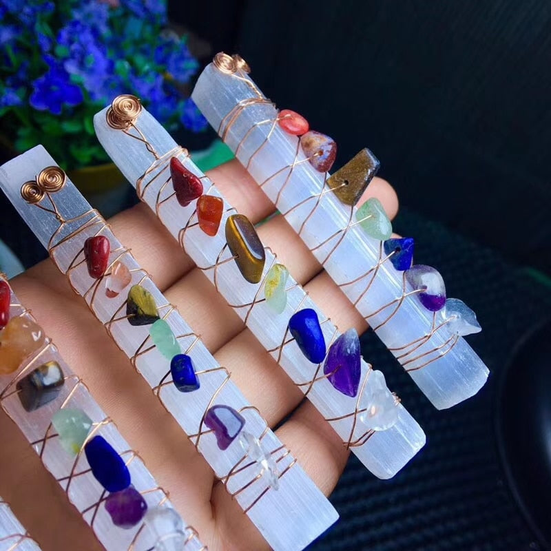 Chakra Healing Crystals Stones Beads Wire Wrapped Raw Selenite Stick Wand - The Witchy Gypsy