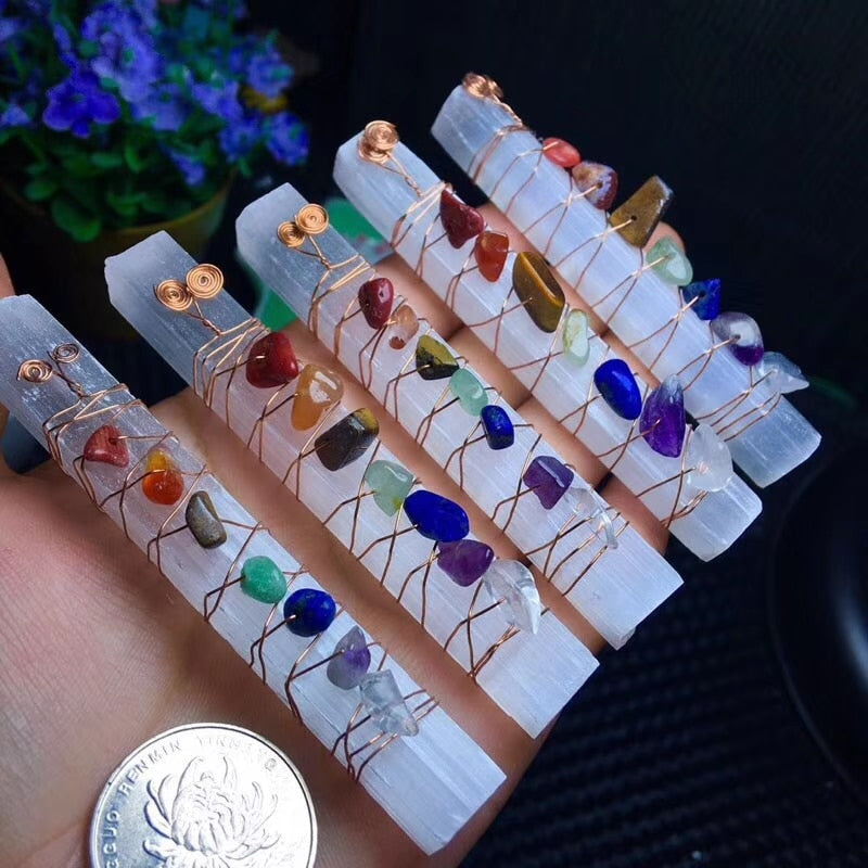 Chakra Healing Crystals Stones Beads Wire Wrapped Raw Selenite Stick Wand - The Witchy Gypsy