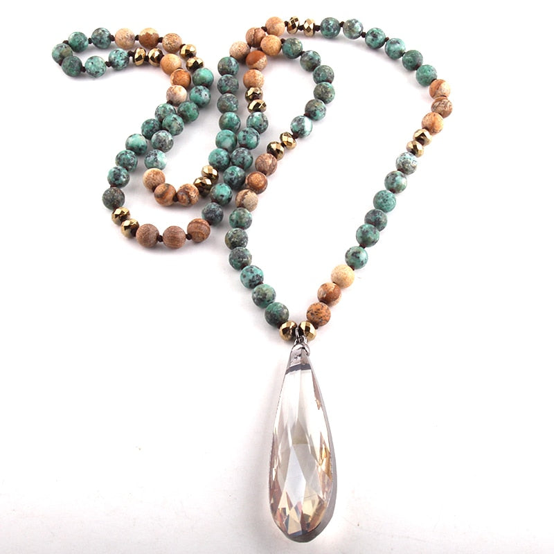 Bohemian Stone Knotted Long Glass Drop Pendant - The Witchy Gypsy