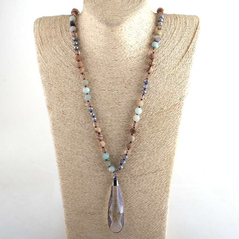 Bohemian Stone Knotted Long Glass Drop Pendant - The Witchy Gypsy