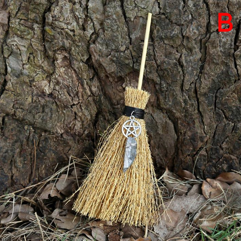 Wiccan Celtic Pentagram Mini Witch Broom, Dust Removal Broom Wicca, Raw Crystal Wicca Altar Broom